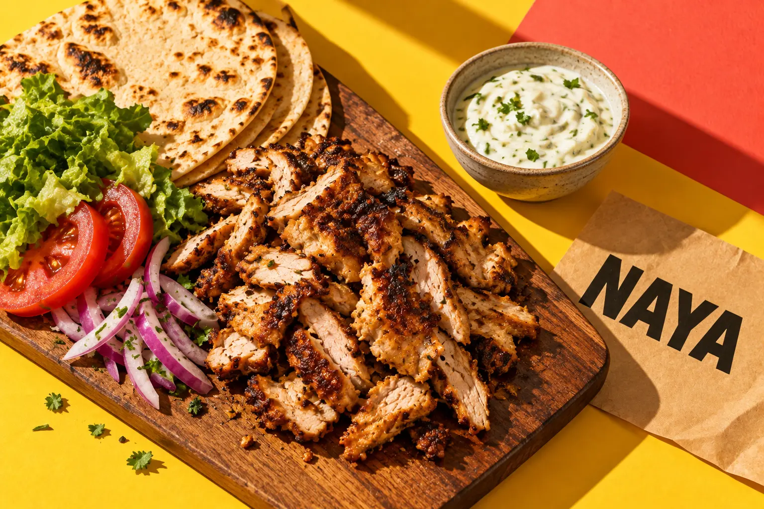 Cadru de campanie Naya cu carne rumenită, lipie și legume